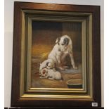An oil painting study of a Terrier dog and puppies in a byre, oak framed, 39 x 29cm.