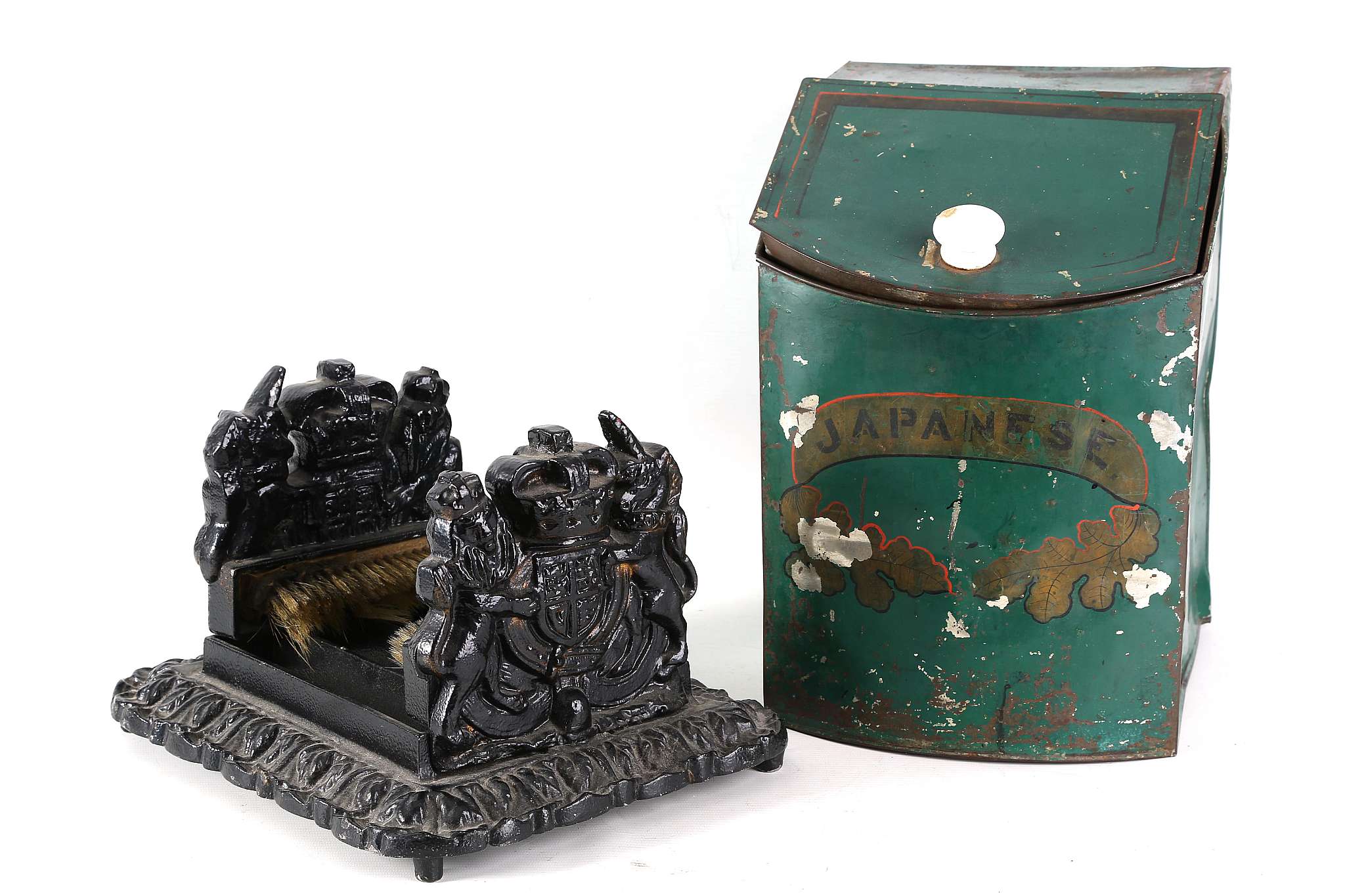 A Victorian style, cast metal boot scraper and a toleware shop tea caddy, marked 'Japanese', 34cm