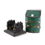 A Victorian style, cast metal boot scraper and a toleware shop tea caddy, marked 'Japanese', 34cm
