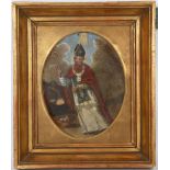 Circa mid 19th Century, oil on copper depiction of a saint with staff and scales with the