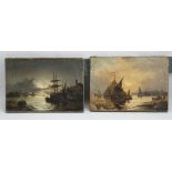 Early to mid 19th Century English. A pair of oil on canvas harbour scenes, with busy masted