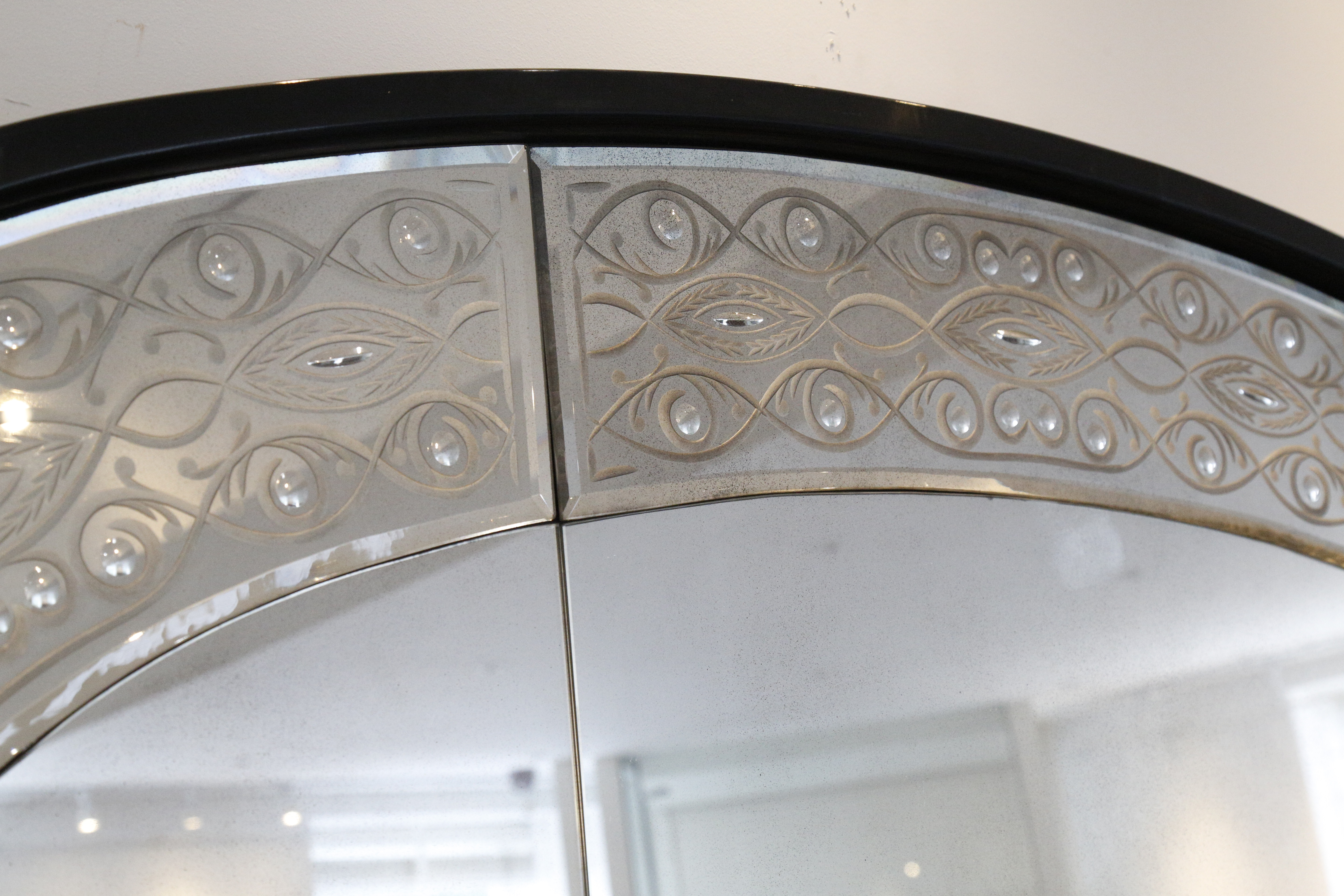 A large late Art Deco mirror, having domed top, engraved on the border with stylised foliage - Image 2 of 2