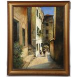 F. Moda, early 20th Century. 'Continental Street View'. Oil on artist board. Signed lower right