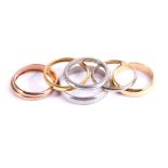 A collection of band rings, some stamped 375, 14k, 750 and plat, three with UK hallmarks (7)