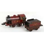 Bing '0' Gauge clockwork locomotive and tender, red livery (Midland maroon) LWS, c.1920.