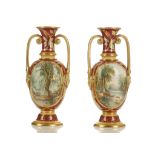 A PAIR OF ENGLISH TWIN-HANDLED PORCELAIN VASES ATTRIBUTED TO SAMUEL ALCOCK, circa 1860, both of