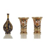 A GOOD PAIR OF SPODE PORCELAIN SPILL VASES AND A SMALL MINTON BOTTLE VASE, 19th century, the spill