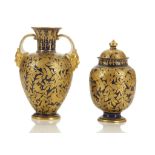 A ROYAL CROWN DERBY TWIN-HANDLED PORCELAIN VASE AND A SIMILAR COVERED VASE, late 19th century,