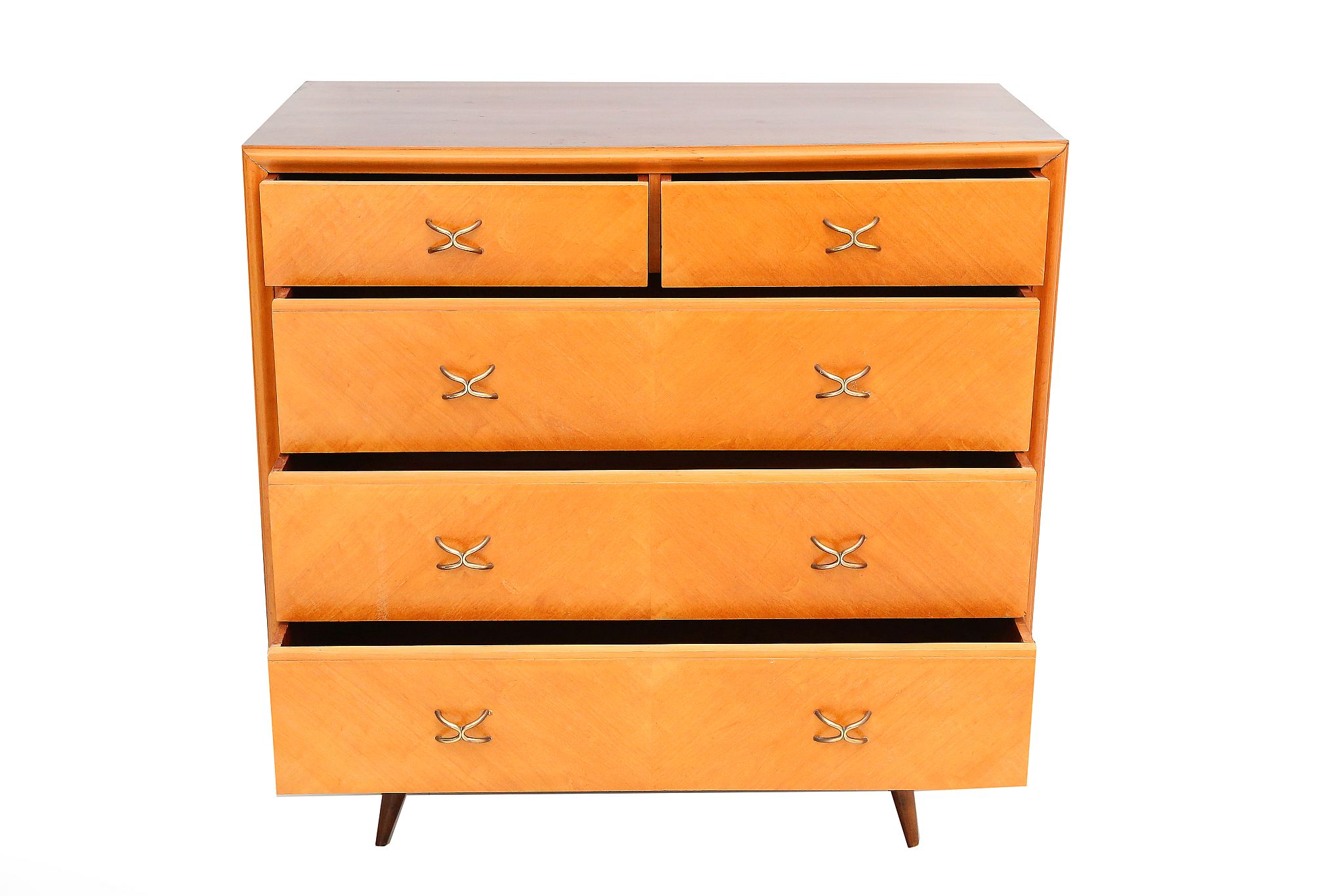 A 1950s CHEST OF DRAWERS, DESIGNED BY JOSE BERENFELD, in contrasting light and dark wood, with - Image 2 of 4