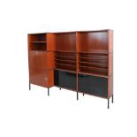 A 1960s MAHOGANY WALL CABINET, with drop flap section having blue laminate surface, open shelving