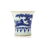 A CHINESE BLUE AND WHITE BEAKER VASE. Transitional era. Decorated with a continuous scene of birds