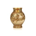 A LARGE SATSUMA VASE. Meiji period. Of baluster shape, decorated in gilt and enamels with samurai