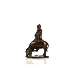 A CHINESE BRONZE 'SAGE AND OX GROUP' PAPER WEIGHT. 17th Century. The figure seated in long flowing