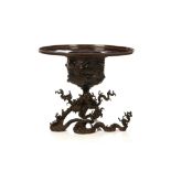 A BRONZE IKEBANA FLOWER VASE. Meiji period. A three-section usubata, the base finely cast with