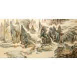 A CHINESE INK PAINTING OF A  LANDSCAPE Ink and colour on paper, framed and glazed, 64.5 c 129.5cm.