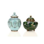 TWO CLOISONNÉ VASES AND COVERS. Meiji period. The first of squat globular form worked in copper wire