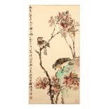 CAO YUANYU. Birds and flowers, ink and colour on paper, three hanging scrolls with various