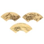 THREE CHINESE FAN LEAF LANDSCAPE PAINTINGS. Ink and colour on paper, three fan leaves, 23 x 49cm. (