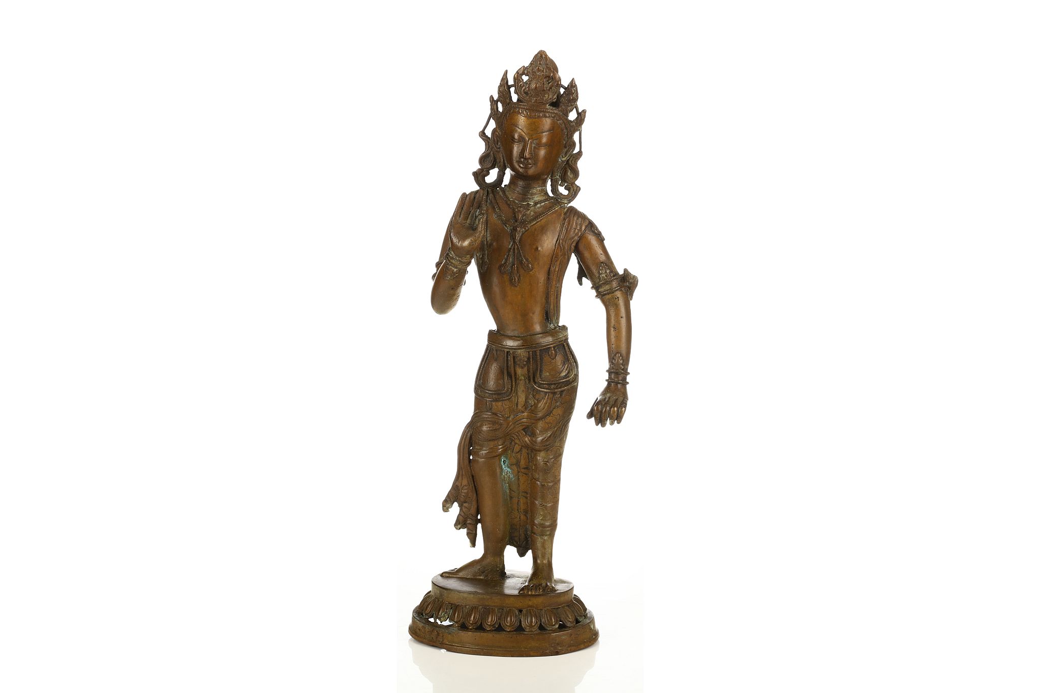 An Indian copper alloy standing figure of Vishnu. 19th / 20th Century. Raised on a lotus pedestal,