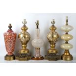 A collection of decorative glass lamps, mostly Venetian, with gilt / marble bases, average height