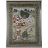 A pair of Persian figurative paintings, within a floral decorative border, 110 x 79cm (2).