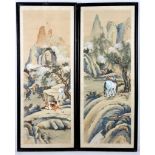 Two Chinese ink paintings of horses beneath pines in a watery landscape. 86 x 31cm.