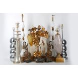 A mixed collection of lamps, to include chrome ball examples, glass and gilt, contemporary,