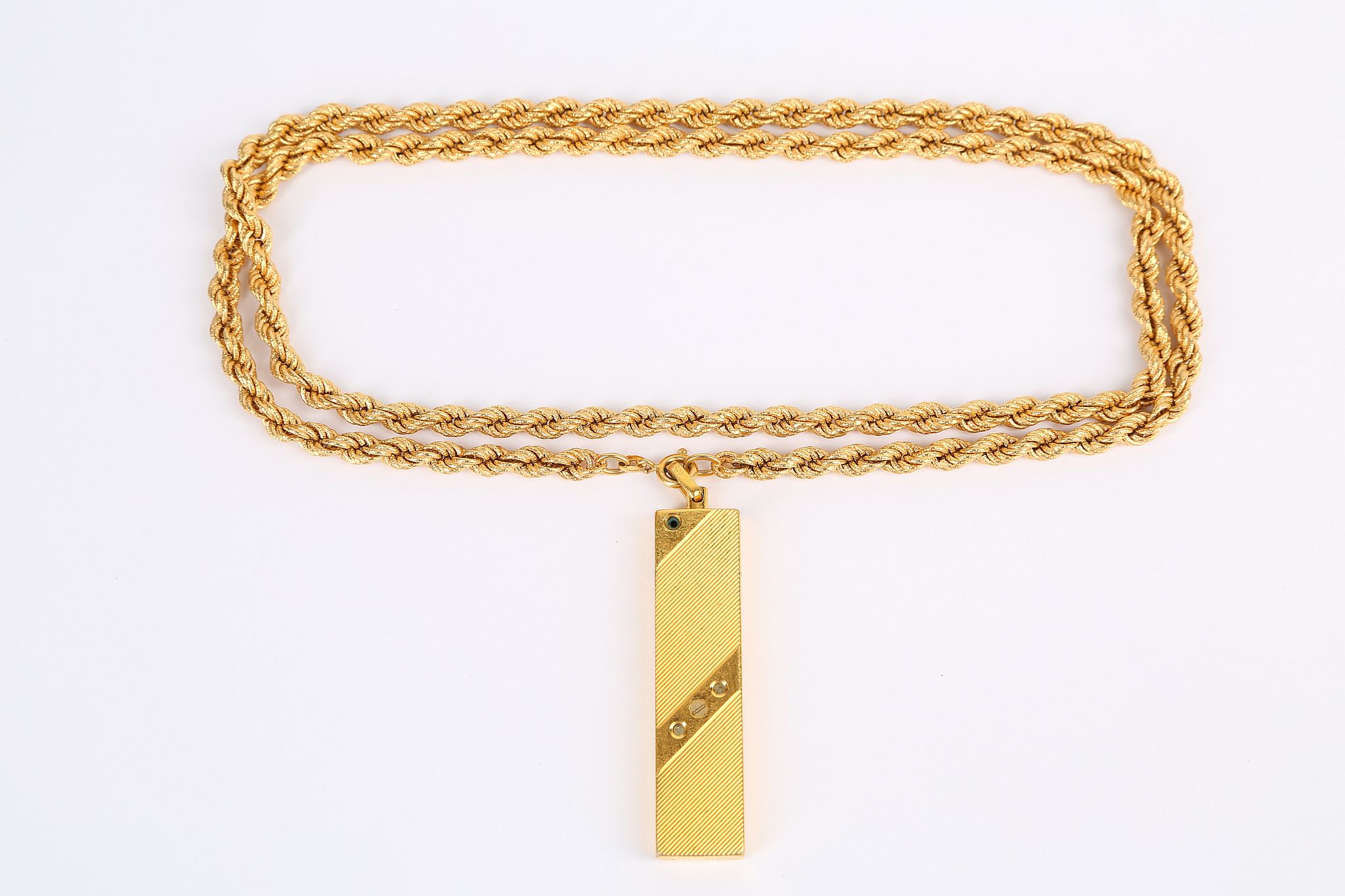 A brushed ropetwist chain, suspending a gilt metal Elsi Quartz pendant watch, chain stamped 750