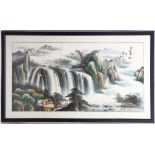 A Chinese landscape painting. Depicting a river scene with cascading waterfalls. Framed and