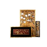 A collection of six Chinese, gold painted, carved wood architectural panels, variously depicting