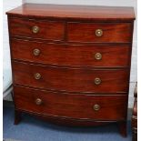 George IV mahogany bowfront chest fitted 2 short and 3 graduated long drawers on splay bracket feet,