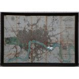 Framed Victorian style coloured map print, "Miniature London, Surrounding Villages" 80 x 120 cms