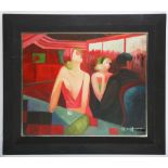 A framed oil painting of an Art Deco lady taking an aperitif, 47cm x 56cm