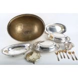 Victorian ex silver plated meat cover with detachable ring handle, a pair of plated lidded