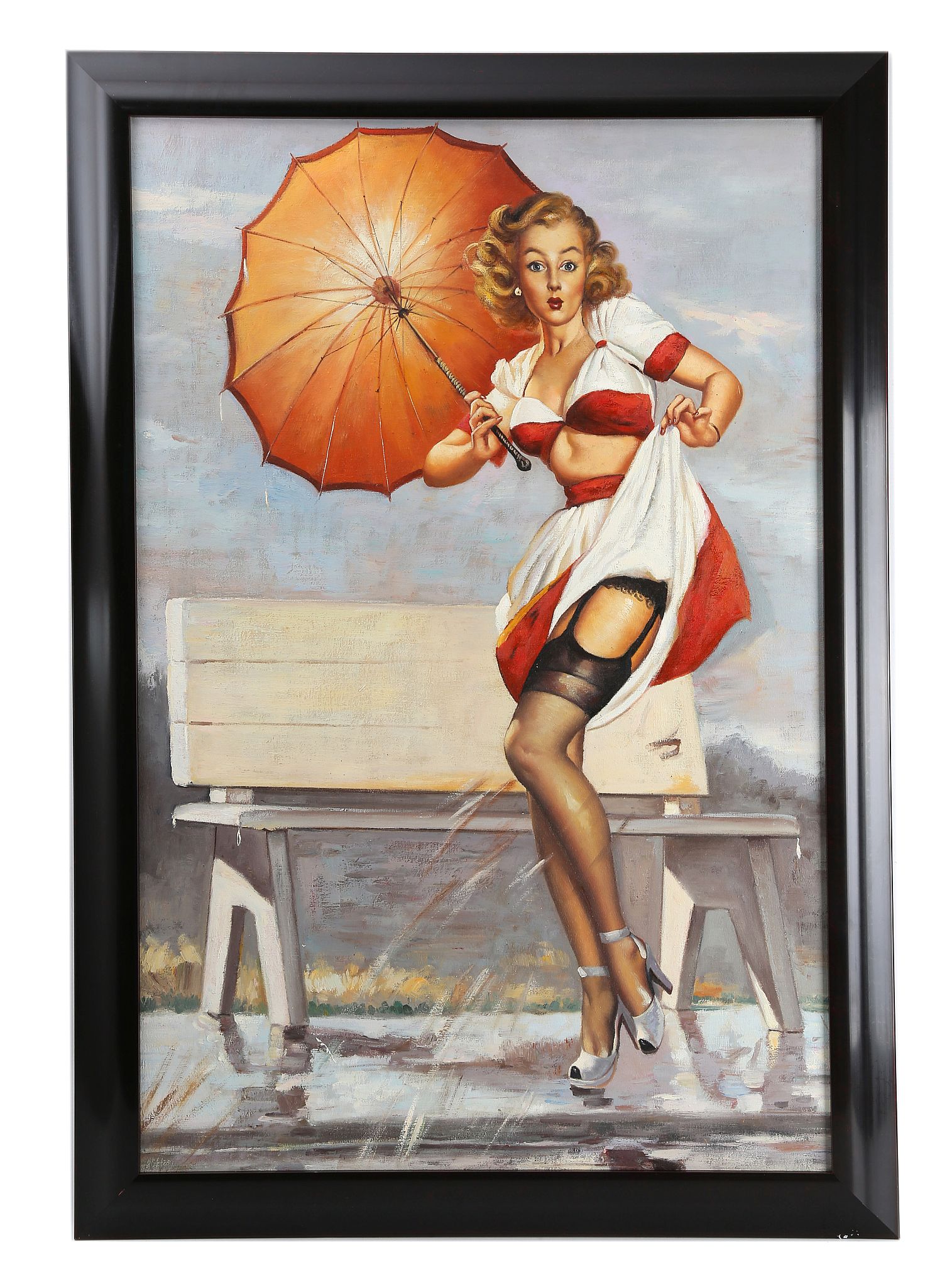 A 1950s STYLE OIL ON CANVAS, in the manner of Eric Gill, depicting a woman with a parasol, (102 x