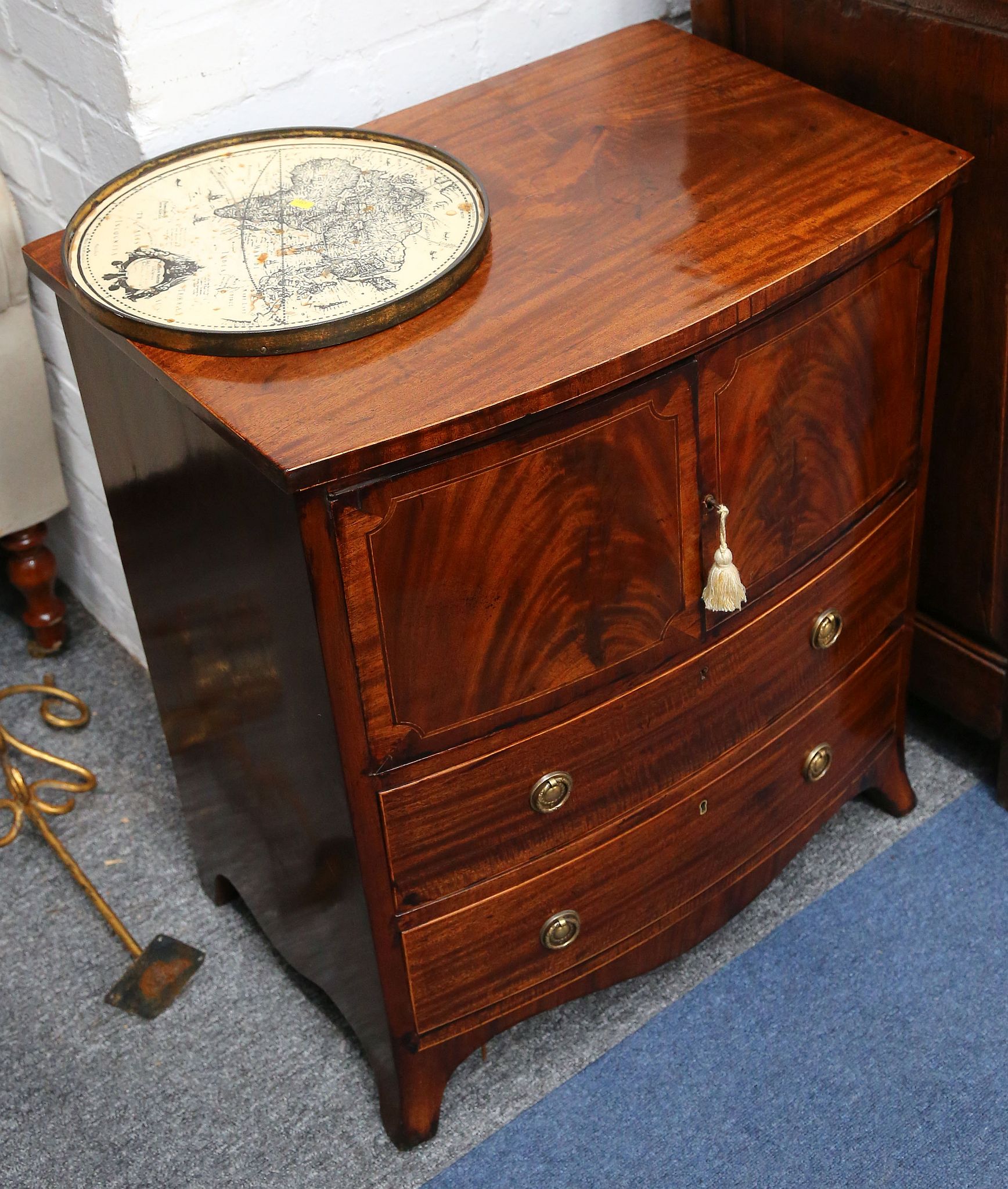 George IV boxwood strung mahogany bow front night cabinet the 2 doors over 2 drawers on splay