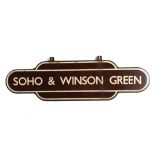 A Great Western Railways (GWR) enameled metal station sign "Soho & Winson Green" Circa 1950 93x29cm