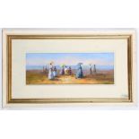 An extensive oil painting of a beach scene with Victorian ladies with parasols, 15cm x 43cm