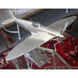 Aluminium covered scale model of a Supermarine Spitfire on nickel plated stand, 60 cms L