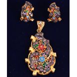 An enamel and imitation diamond pendant and earring suite, Of scrolling pierced form, decorated with