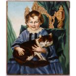 MID TO LATE 19th CENTURY. 'Girl with a Green Eyed Cat'. Oil on canvas portrait of a young girl in