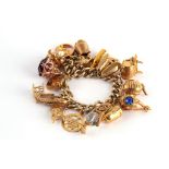 A charm bracelet, The 9 carat gold curb-link bracelet suspending various charms including various