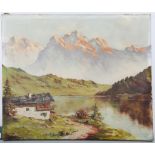 EARLY 20th CENTURY OIL ON CANVAS, Continental School, mountain landscape with chalet and lake,