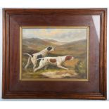 An oil painting study of two pointer dogs in a Highland landscape, in a darkwood frame, 29.5cm x