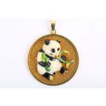 An 18K yellow gold circular mesh pendant with applied enamel Panda and Bamboo front and back.