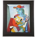 In the manner of Pablo Picasso, a studio framed portrait of a seated women in abstract style, 59cm x