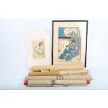 Group of Japanese prints and paintings on paper, including a woodblock print by Hiroshige and four