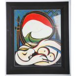 In the manner of Pablo Picasso, a studio framed portrait of a nude women in abstract