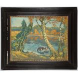 FRANZ BECKER TEMPLEBUR B.1876. Signed lower left. Circa 1920. 'Autumn Lake'. Landscape oil on canvas