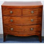 George IV boxwood strung mahogany bowfront chest fitted 2 short and 2 long drawers on splay feet